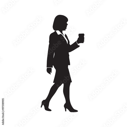 Silhouette of a businesswoman walking with coffee professional vector illustration for corporate con