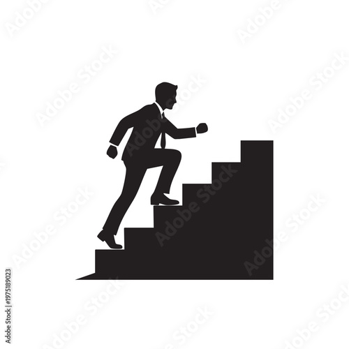 Silhouette of businessman climbing stairs representing career growth and success isolated on white b