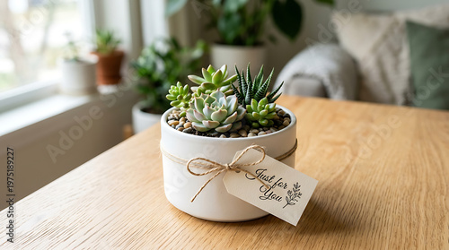 A small potted succulent plant with a gift tag on a wooden table indoors.