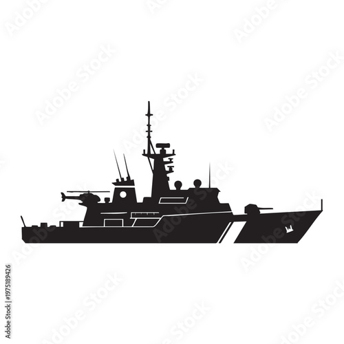Silhouette of a modern warship with helicopter vector illustration for naval forces and defense conc