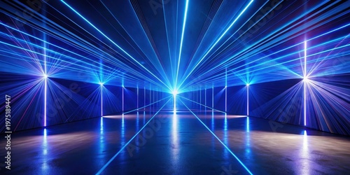 Abstract Futuristic Corridor with Vibrant Blue Laser Beams Reflecting on a Sleek, Polished Floor