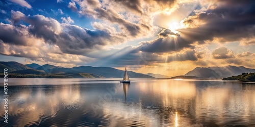 Serene sailboat glides across tranquil lake waters at sunset, bathed in golden sunlight rays piercing through dramatic cloudscape above majestic mountain range
