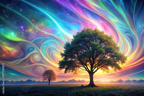 Serene Landscape Featuring a Majestic Tree Silhouetted Against a Vibrant, Swirling Celestial Canvas at Sunset