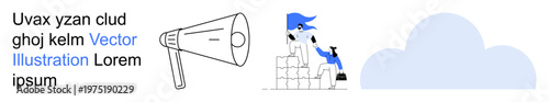 Leadership, motivation, growth, communication, promotion, business strategy. Person climbing a stack of blocks with a megaphone and cloud. Leadership and motivation