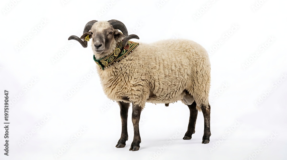Fototapeta premium Ram with curly horns stands isolated on white background livestock concept