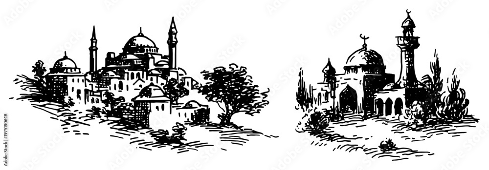 Φωτογραφία Mosque architecture with domes and minarets in Middle Eastern sketch style