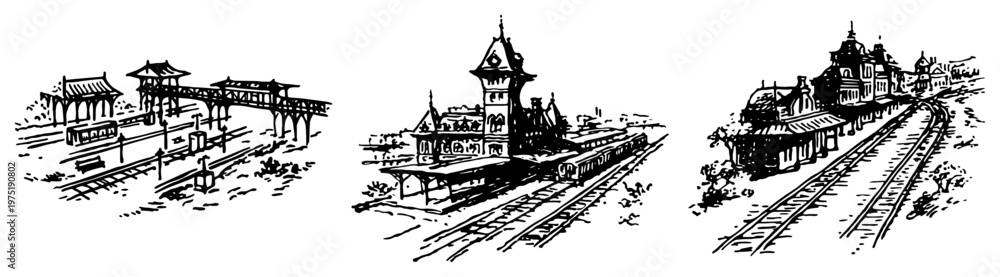 Obraz premium Railway station platforms with train tracks and historic architecture in vintage engraving style
