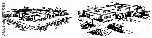 Logistics center and industrial warehouse with cargo truck in vintage engraving style