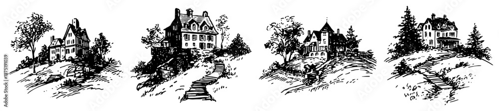 Naklejka premium Country cottages on hills with stone paths and trees vintage engraving style