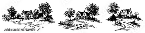 Fotografie Country cottages and rural landscape houses in vintage engraving style
