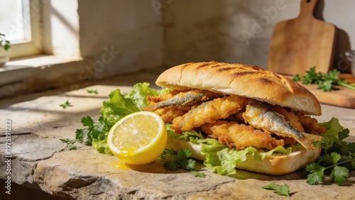 Fish sandwich with greens on a stone table, called Balik Ekmek in Turkish.