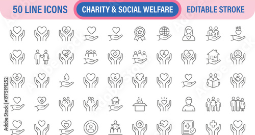A collection of 50 line icons depicting charity and social welfare concepts with editable stroke