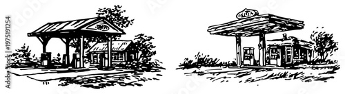 Vintage gas station with fuel pumps and canopy in hand drawn sketch style