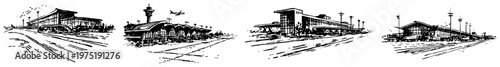 Airport terminal buildings and control tower on airfield in vintage sketch style