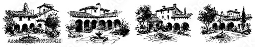 Mediterranean courtyard villas with fountains and arches in vintage engraving style