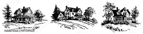 Victorian suburban houses on hills with trees in vintage sketch style