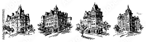 Grand historical mansions and ornate city buildings in vintage engraving style
