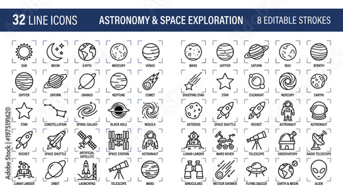 A collection of line icons depicting various astronomy and space exploration related objects and concepts