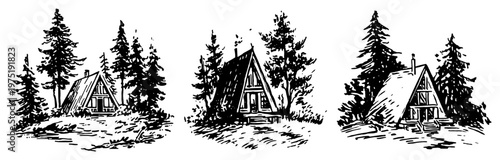 A-frame wooden cabins and forest chalets in vintage engraving style