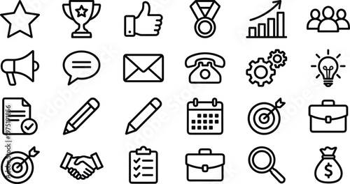A collection of business and productivity icons on a white background