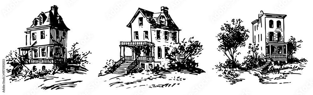 Fototapeta premium Victorian houses and residential buildings architectural set in vintage etching style