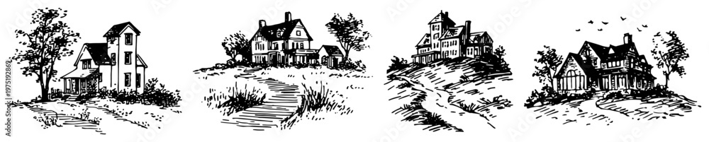 Naklejka premium Rural countryside houses with winding paths and landscape in hand drawn etching style