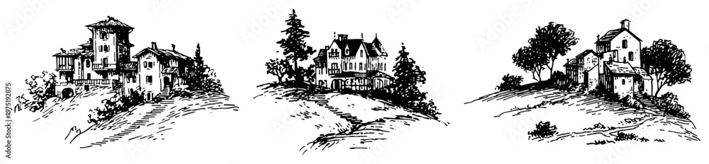 Naklejka premium Majestic mansion estates on rolling hills with trees in vintage woodcut style
