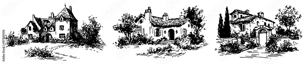 Obraz premium Mediterranean stone villas and country manors in landscape engraving style