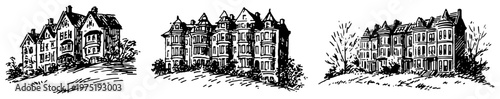 Victorian terrace houses and stately mansions in vintage engraving style