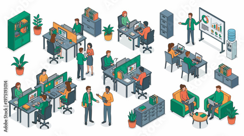 Isometric scene of managers and financial analysts working at desks and presenting data in a modern professional workspace, concept for business management, corporate workflow and career growth