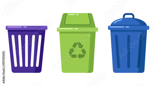 Three different colorful trash bins and recycling container with recycle symbol isolated on white background, concept for waste management, environmental sustainability and garbage disposal systems