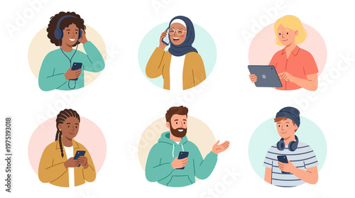 Diverse avatars of professional digital marketers and remote freelancers using smartphones and tablets, concept for social media marketing, online communication and remote working