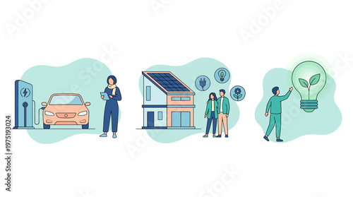 Sustainability managers and homeowners use electric car charging, solar house panels and eco light innovation, concept for green energy infographics, renewable power and ecology marketing