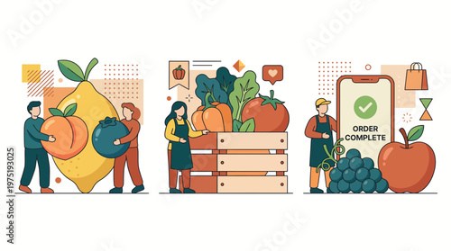 Flat vector set of grocery managers handling fresh fruit and agricultural entrepreneurs packing vegetable crates for mobile orders, concept for online marketplace, delivery service and retail