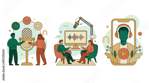 Professional podcasters recording talk show with large microphone and digital studio equipment illustration, concept for digital media production, online radio broadcasting and content marketing