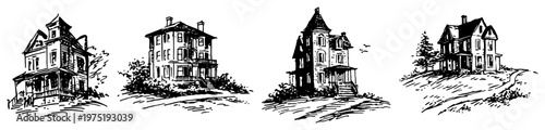 Victorian mansions and historical family houses set in vintage engraving style