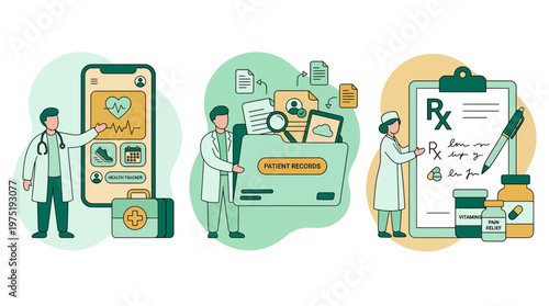 Professional general practitioner and medical specialist managing digital health tracker app with patient records, concept for clinical services, pharmacy data and online consultation