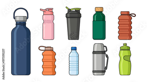 Diverse collection of reusable water bottle icons and hydration drinkware containers in flat vector style, concept for healthy lifestyle, eco-friendly branding and fitness sports gear