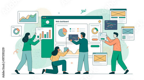 Diverse team of data analysts and web developers building an interactive digital dashboard with complex charts, concept for business intelligence, software development and website analytics