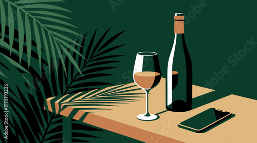 Elegant wine bottle and filled glass with smartphone on wooden table among tropical palm leaves, concept for luxury travel promotion, digital nomad lifestyle and premium hospitality branding