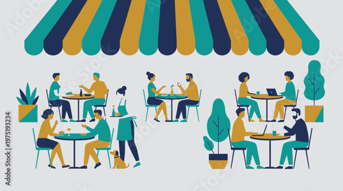 Flat vector illustration of diverse entrepreneurs and marketing managers sitting at an outdoor cafe terrace with awning, concept for remote working, urban lifestyle and restaurant marketing