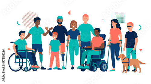 diverse professional team of disabled office workers and business executives standing together in unity, concept for corporate inclusion, workplace diversity and equal opportunity