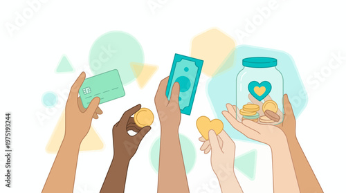 Diverse professional hands holding credit card, cash banknote, coins and heart shape near glass donation jar on background, concept for charity donation, nonprofit organization and community aid