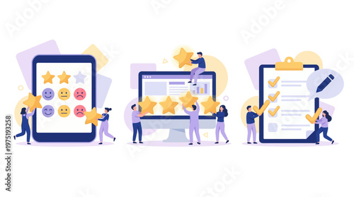 Business analysts evaluating customer feedback with star ratings and surveys on digital screens and clipboards, concept for service quality evaluation, user experience and reputation management