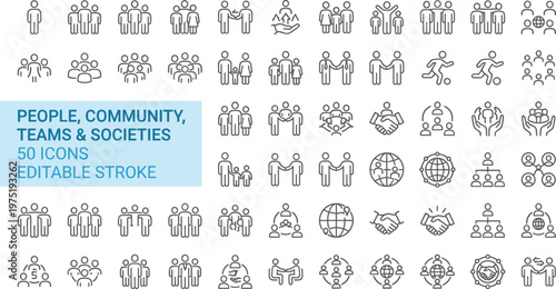 A collection of line icons depicting people, community, teams, and societies in various interactions and relationships.