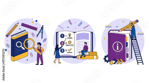 educational researchers and training specialists interacting with giant books and stationery for study, concept for professional development, academic training and corporate learning