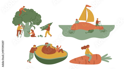 Tiny nutritionists and food analysts interacting with giant organic vegetables like broccoli avocado and carrots, concept for healthy lifestyle blog, diet marketing and nutrition education