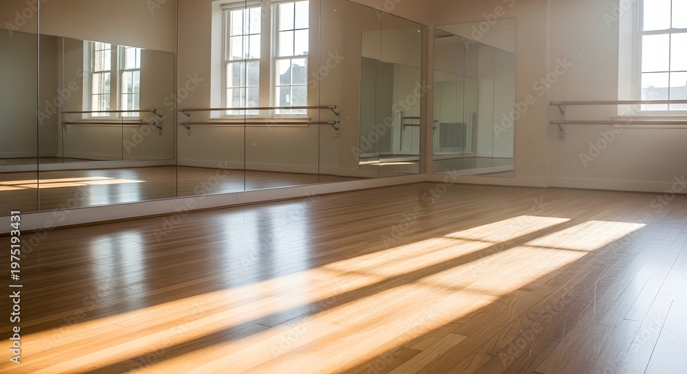 Fototapeta premium Empty Dance Studio with Mirrored Walls and Sunbeams