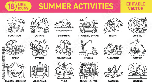 A colorful illustration of various summer activities and hobbies for relaxation and fun in the sun