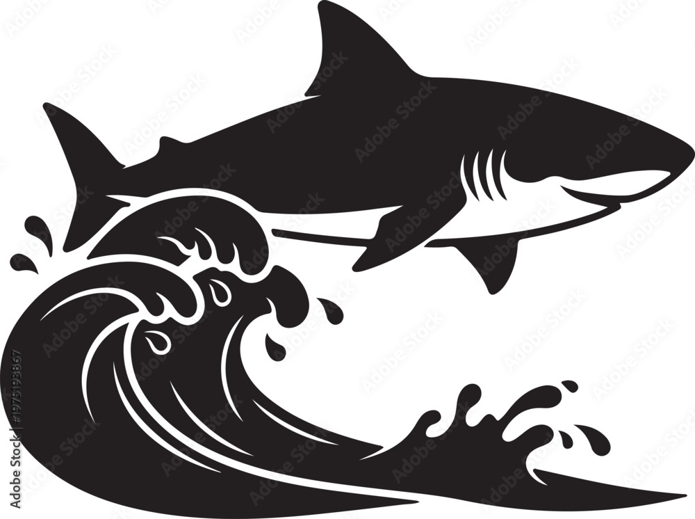 Fototapeta premium Shark, wave, ocean, black, silhouette, vector, illustration, sea creature, surf